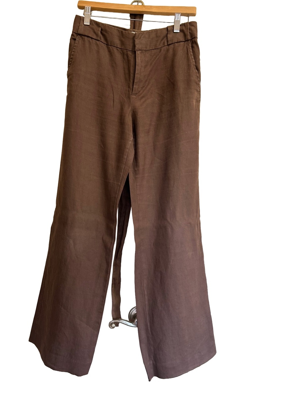 Vintage 2005 Old Navy Brown 100% Linen Wide Leg Flare Pants Belted 4